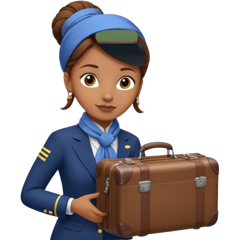 flight attendant, Light Brown skin, brown hair in single bun, neck scarf, suitcase emoji