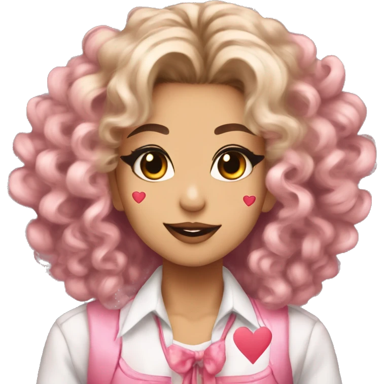 kogal with big curly hair and gyaru makeup and hearts on her cheeks emoji