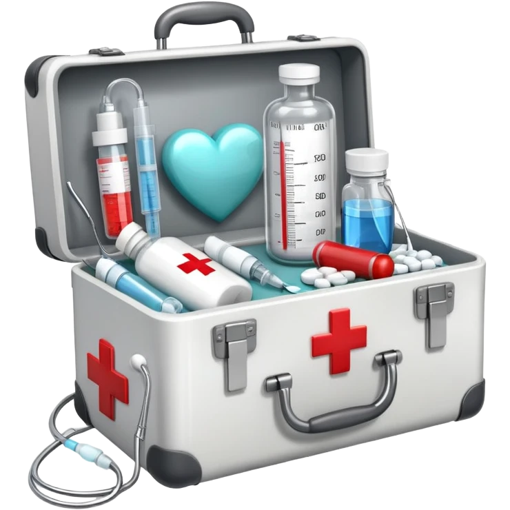 An icon featuring a medical suitcase with a red cross, a bottle of pills, a stethoscope, and a syringe, symbolizing medicine. The design includes a thermometer, bandages, and a heart monitor, representing healthcare and medical treatment. Transparent background highlights the science of healing. emoji
