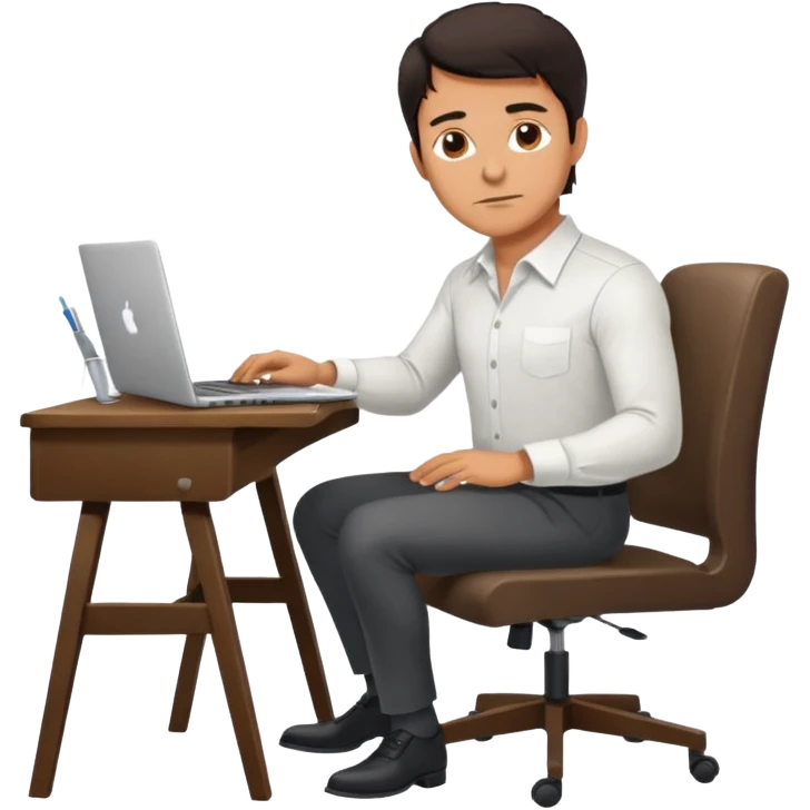 Rich man working on a chair at office in shirt, dark hair, and near the desk with laptop he is german very beautiful looks like, full body view emoji