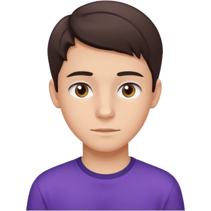 a 17 year old boy with a brunette middle part, brown eyes, fair skin, and a purple shirt  emoji