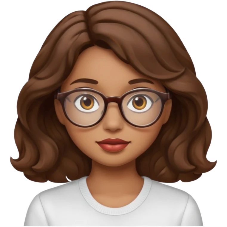 emoji de mujer linda de tez morena clara, rostro redondo u ovalado, ojos marrones, cabello ondulado marrón, labios medianos y gafas emoji