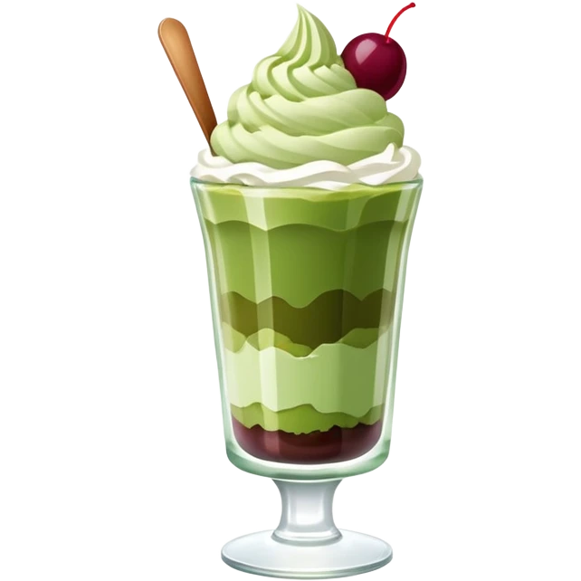 Japanese matcha parfait in a glass, with layers of green tea ice cream, and whipped cream emoji