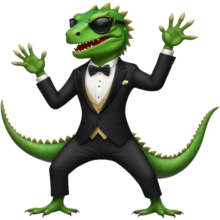 capitalist iguana banker in tuxedo and black sunglasses dancing crazy emoji