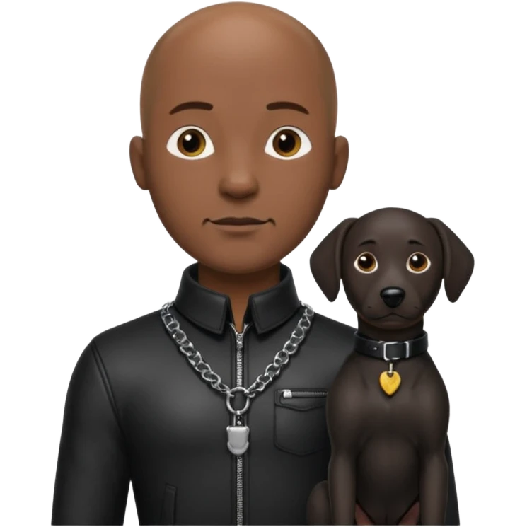 Please create a male character who is dark, bald and hardspm. He is tall well proportioned. He is wearing leather and has a leather dog collar around his neck emoji