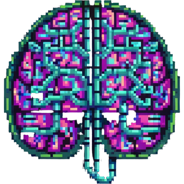 64x64 pixel art of a stylized AI brain, featuring glowing nodes, neon circuitry, and a digital shimmer effect emoji
