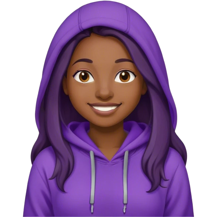Black woman with long hair,purple hoodie,smiling emoji
