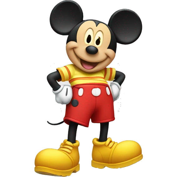 Mickey Mouse wearing red shorts and big yellow shoes, smiling happily. emoji