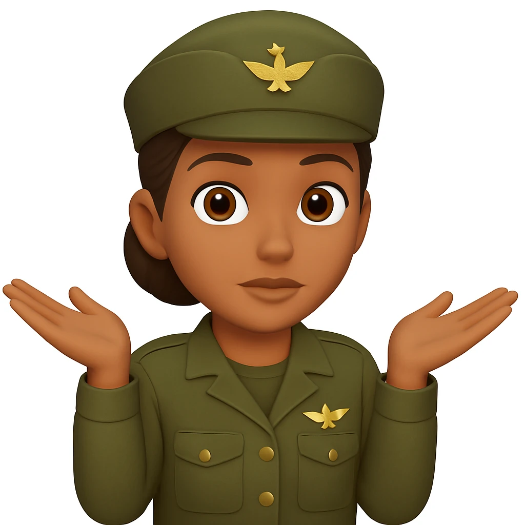 Make the girl's hairstyle a bun and add an army KFF (military cap) while keeping her brown skin, brown hair, and army attire. Keep the shrugging pose and emoji style. emoji