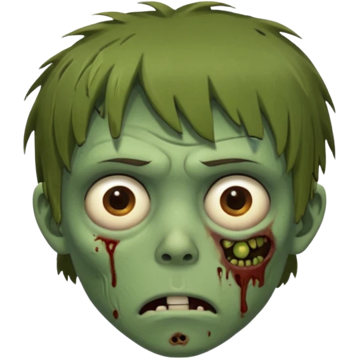 zombie slim youthful face, messy brown fringe, muted green skin tone, tired heavy-lidded eyes with visible under-eye darkness, a neutral slightly bored expression, and an overall low-energy, sleep-deprived, mentally fried vibe, emoji