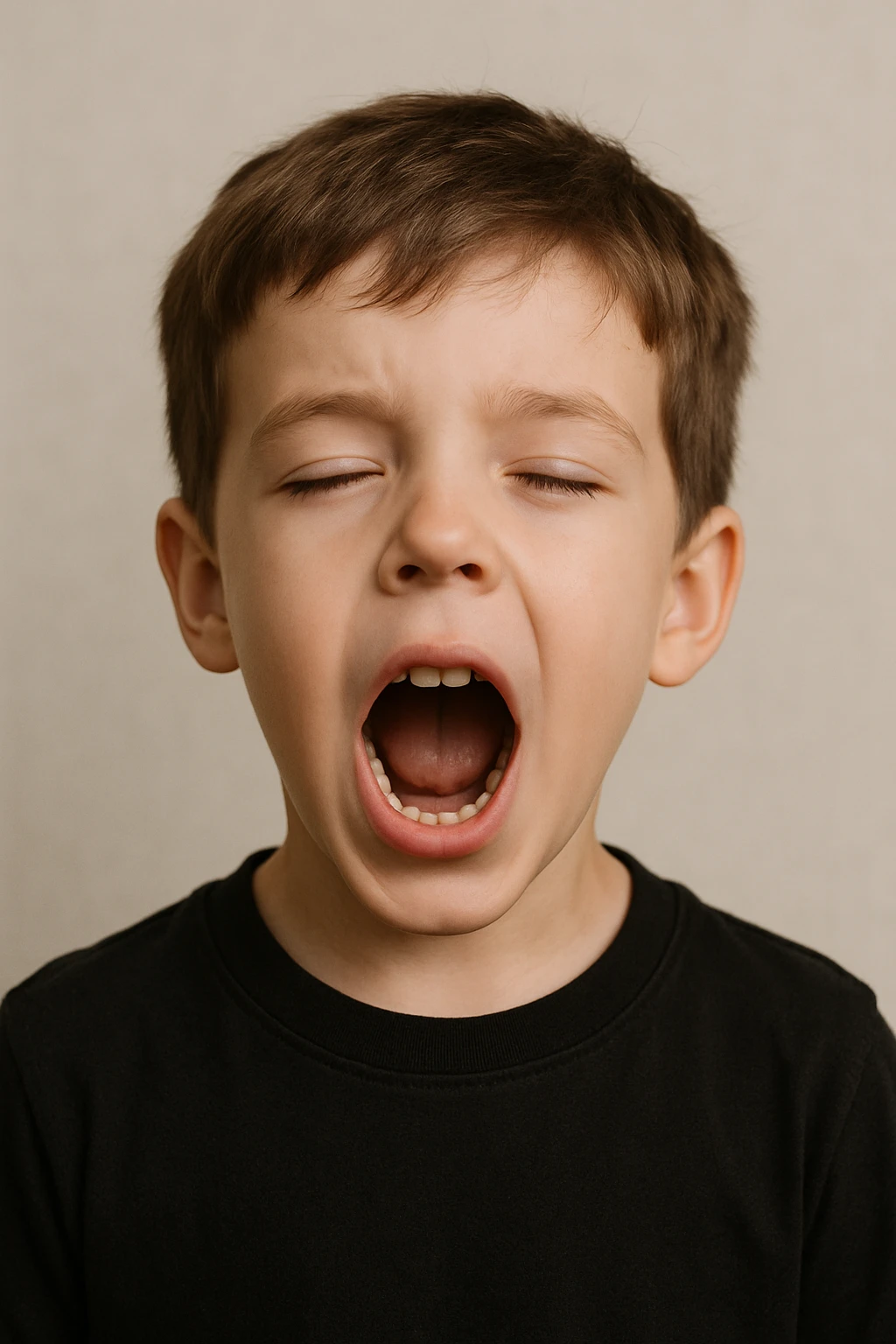 front image of a white boy with brown hair, semi-closed eyes, wide open mouth, black shirt, neutral background, detailed facial expression emoji