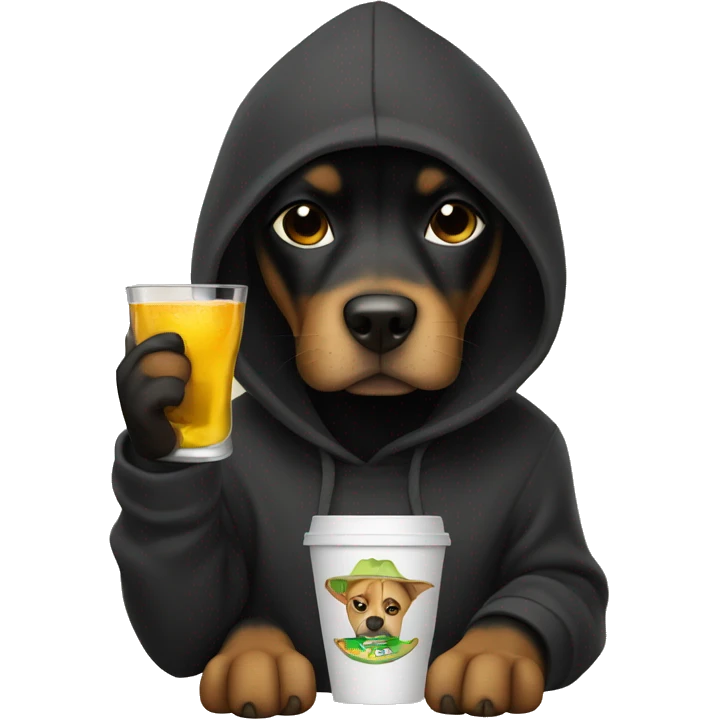 Dog wearing a black hoodie holding a cup and a tequila bottle emoji