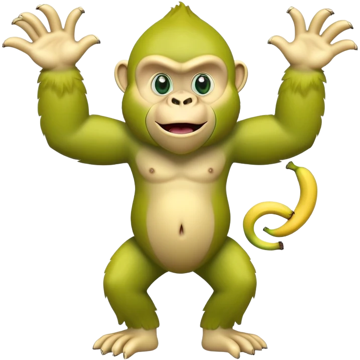 A yellow banana with arms and legs and a green gorilla head with expressive eyes emoji