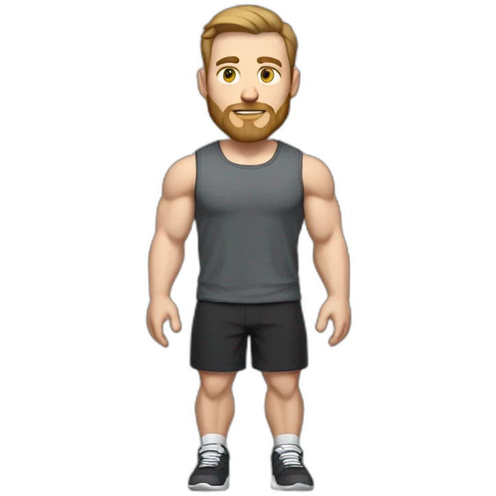 Full height Pale skinned fit man With biceps, light brown hair and short beard In dark gray sleeveless mike, black oversize sports shorts, watch and white sneakers. emoji
