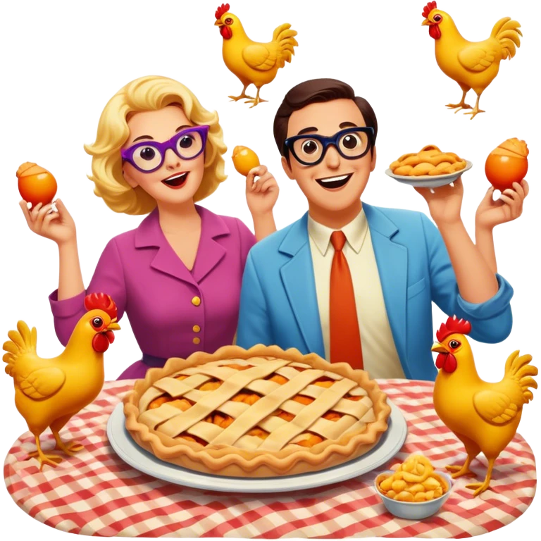 A vintage movie poster-style design featuring a playful, humorous scene with exaggerated characters. Include bright colors, clumsy actions, and classic comedy props like pies, rubber chickens, and oversized glasses. Retro cinematic vibe with a cheerful atmosphere. Transparent background. emoji
