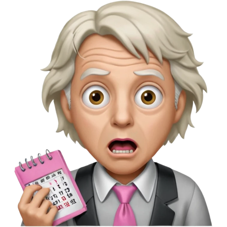 Doc Brown, in Back to the Future, looking shocked, mouth wide open, with a shocked expression. Without glasses. Wearing a silver dress with black trim, a pink collared shirt and a white tie, holding a calendar. emoji