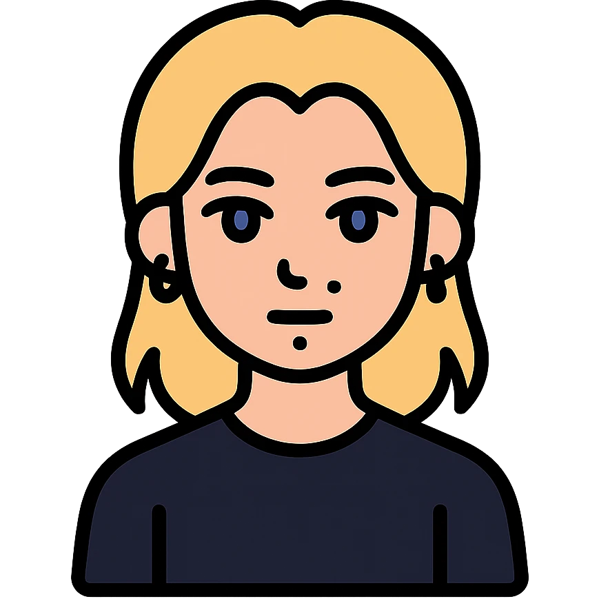 boy with long light blonde hair, dark blue eyes, facial piercings, all black clothing emoji