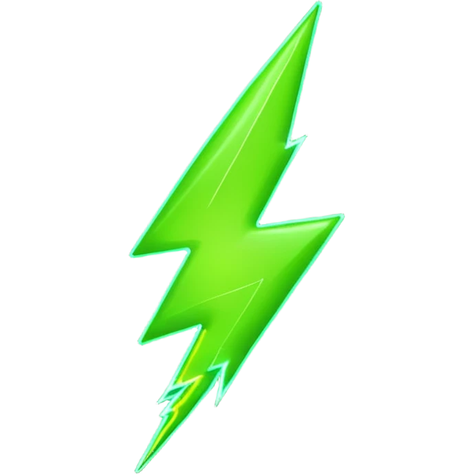 A single neon green lightning bolt emoji, glossy and smooth, vibrant neon green color, high detail, simple and cute design emoji