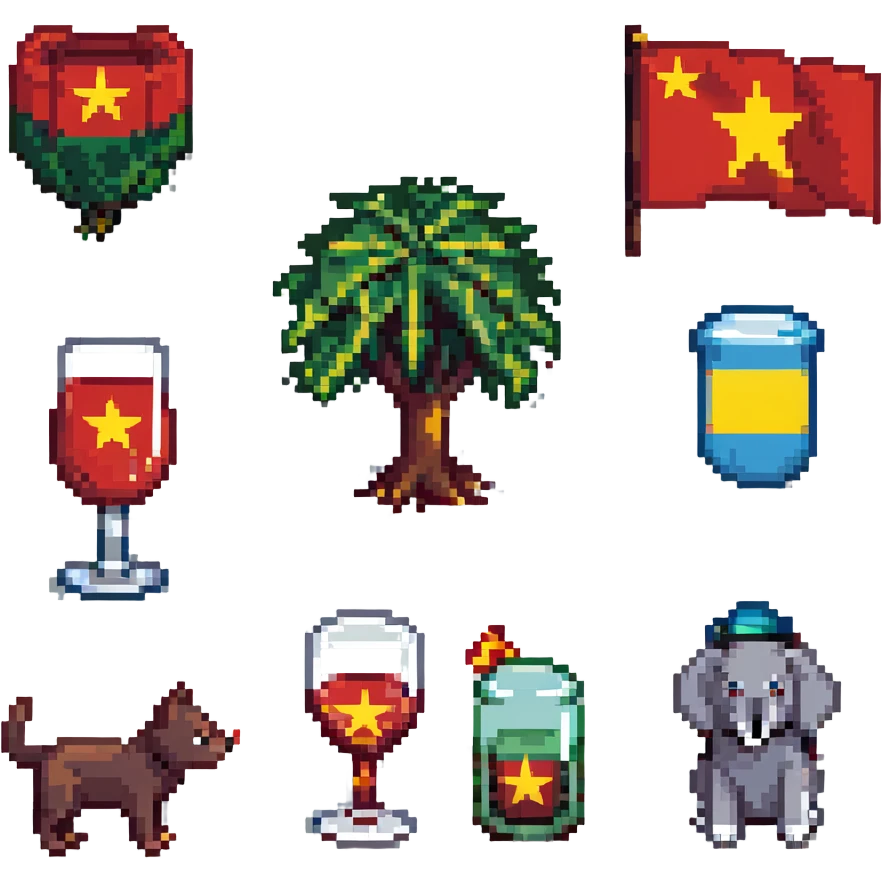 cat, dog, wolf, Vietnam flag, tree, elephant, and a glass all together in pixel art style emoji