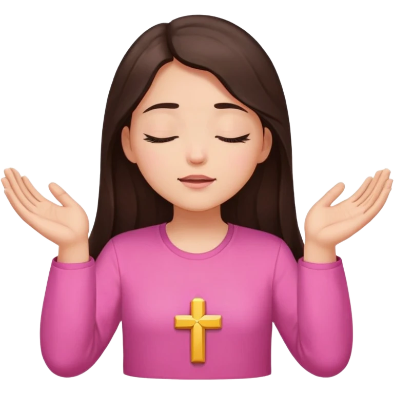 Girl long dark brown hair light medium skin worship God hands lifted eyes closed  pink shirt emoji