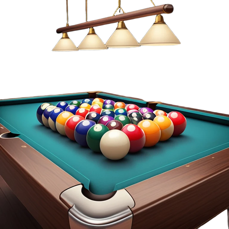 A well-arranged pool table with colorful billiard balls neatly placed, and a cue stick poised to take a shot. The setting is a dimly lit room with a focused atmosphere, highlighting the precision and strategy involved in the game of billiards. emoji