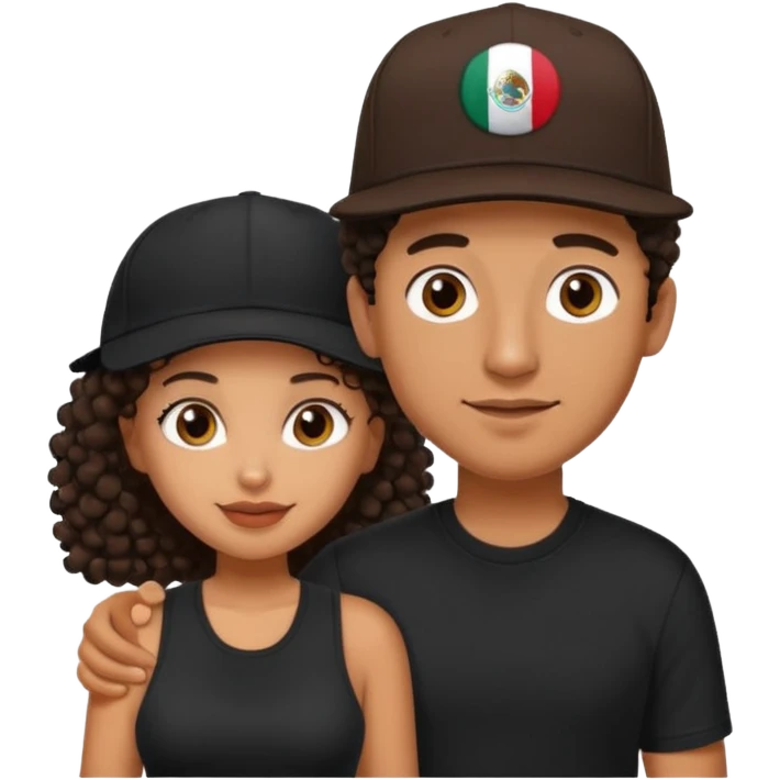 A picture of a cute tanned couple. the man is Mexican, with a bald hair cut wearing a SnapBack hat and a black shirt. the woman is mixed, she has curly longer dark brown hair, thicker and with big boobs  emoji