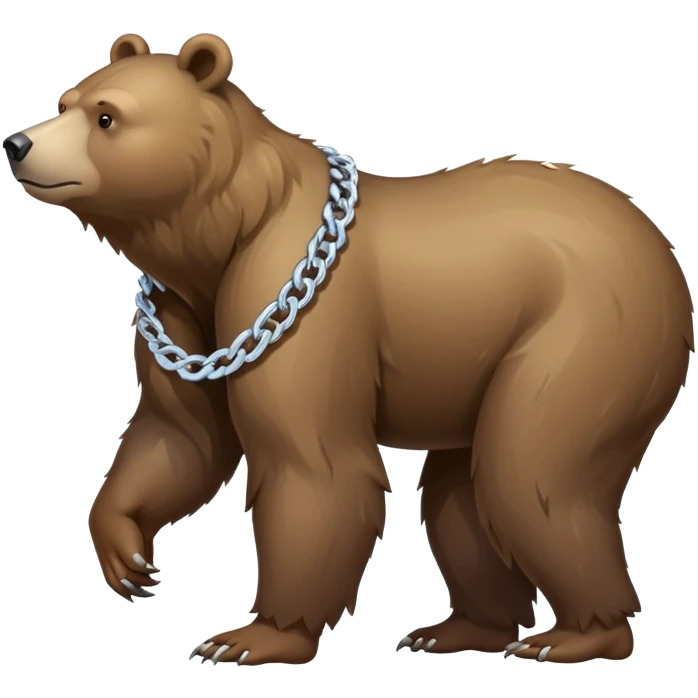 Full-length realistic bear on all four legs in walking position, medium brown color, stern face, head to tail view, ice chain necklace emoji
