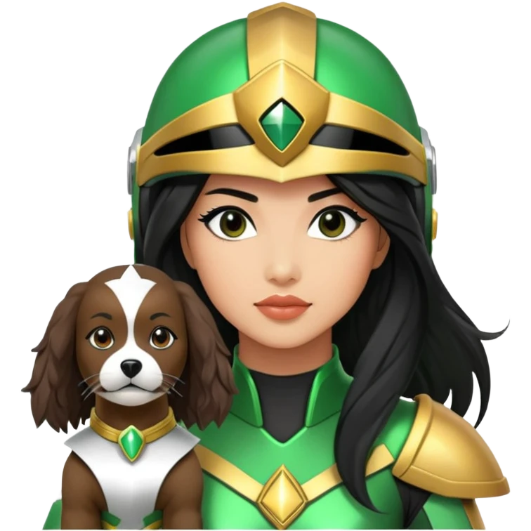 female green power ranger with wasian features, long black hair flowing from helmet, cockapoo dog at her side emoji