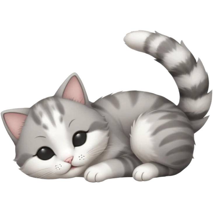 grey and white small cat with eyes closed lying down upside down with paws stretched out straight in different directions emoji