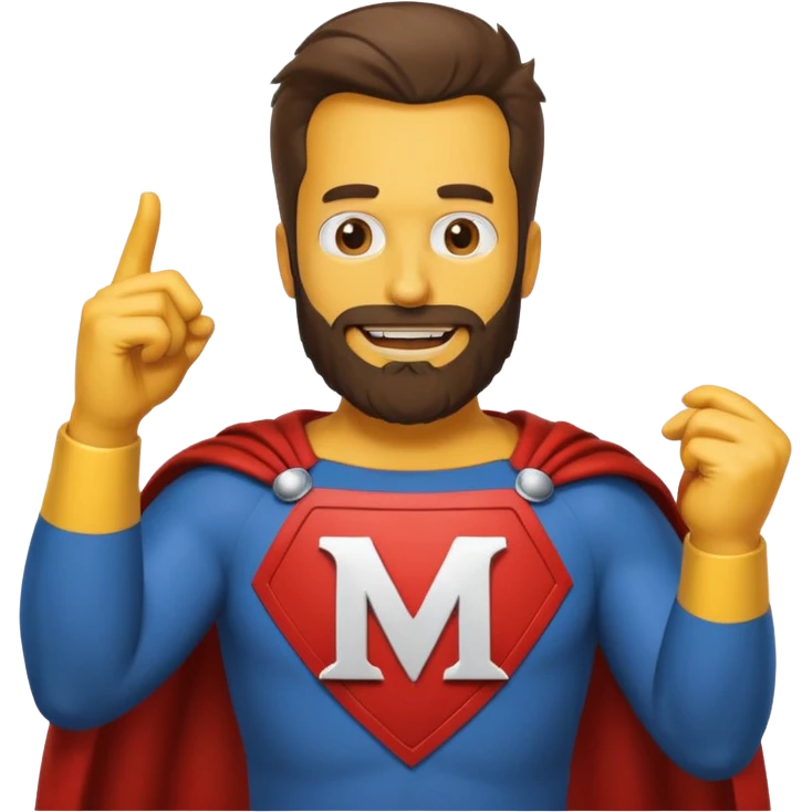 бородатый мужчина в костюме супер героя с буквой М  на груди веселится в стиле симсонов emoji