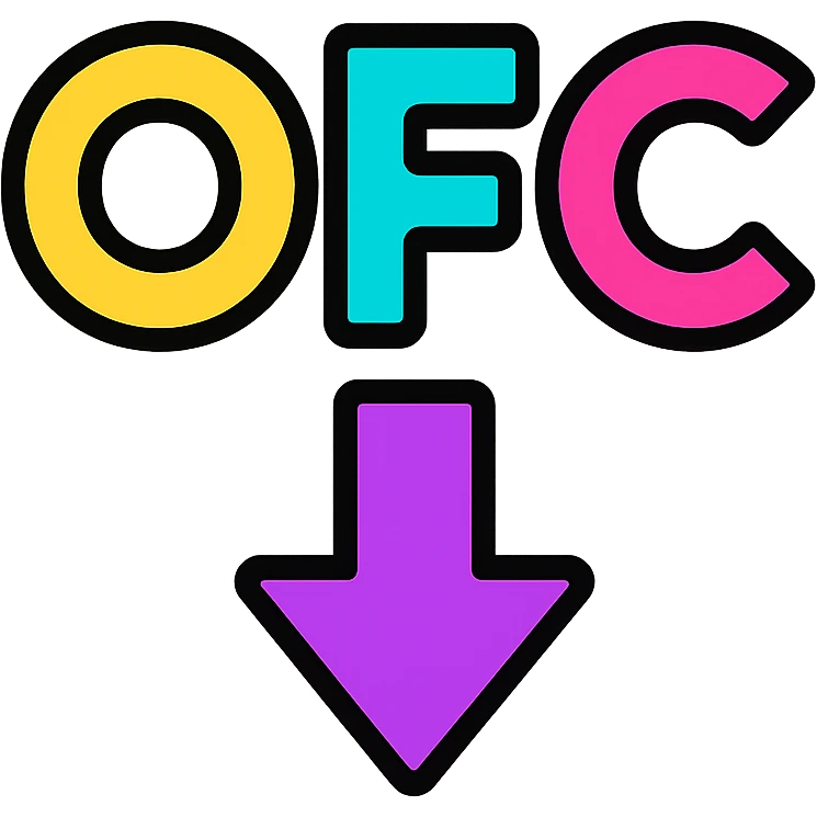 Letters OFC with a downward arrow underneath, using bright neon colors emoji