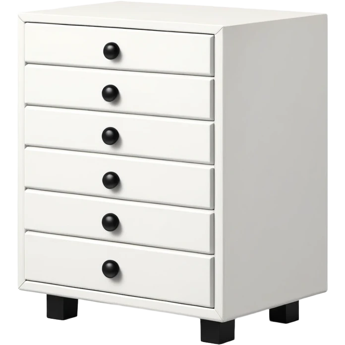 IKEA-inspired 3 feet depth white 6-drawer chest, one tiny black knob per drawer, stacked emoji