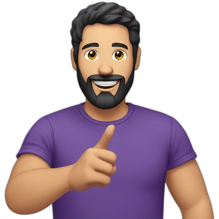 a white man with a black beard, pointing the camera with his fingers, he wears a purple tshirt, smiling,he has a modern haircut emoji
