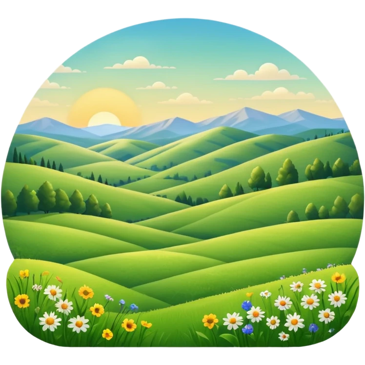 sunlit meadow with rolling hills but no mountains emoji