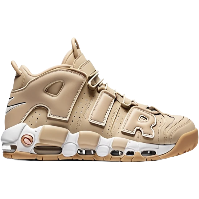 Two beige Nike Air More Uptempo sneakers arranged with one positioned behind the other, simple clean design with minimal details but distinct AIR lettering emoji