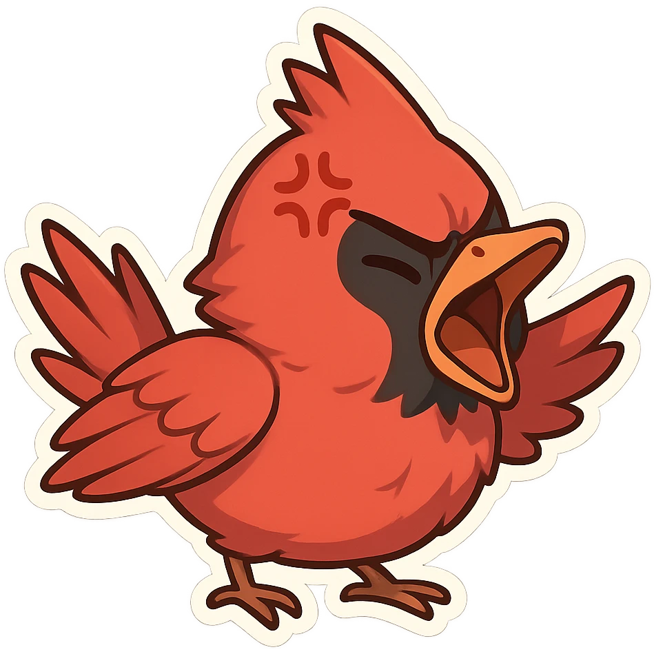 Chibi-style male cardinal yelling with open beak, feathers fluffed, exaggerated anime anger mark above eye. emoji