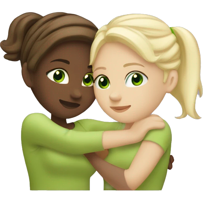 two white girls hugging one blonde hair and green eyes p- one brunette and brown eyes   emoji