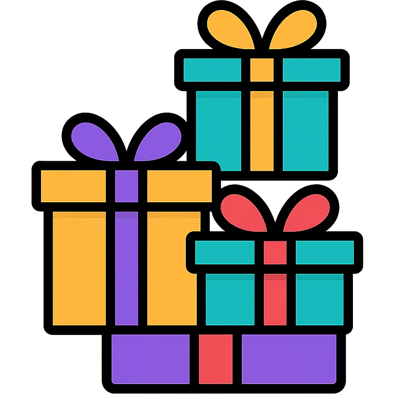 Create a stack of colorful gift boxes, each with a different ribbon color, in the clean, lineal color icon style with black outlines as shown in the reference image. emoji