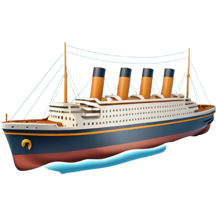 A 3D emoji of a Titanic ship in Apple style, glossy and smooth surface, bright clean colors with subtle shading, simple and minimal details, no face or expressions, floating on calm ocean, soft shadows, high-quality render, isolated on white background.


 emoji