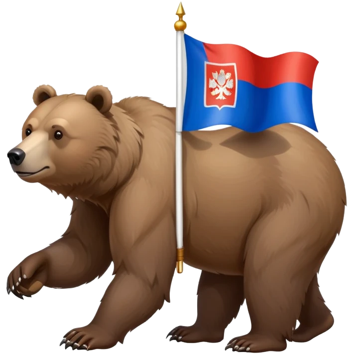 Light brown grizzly bear walking on four paws with small Russian flag (white, blue, red) on its back, realistic features emoji