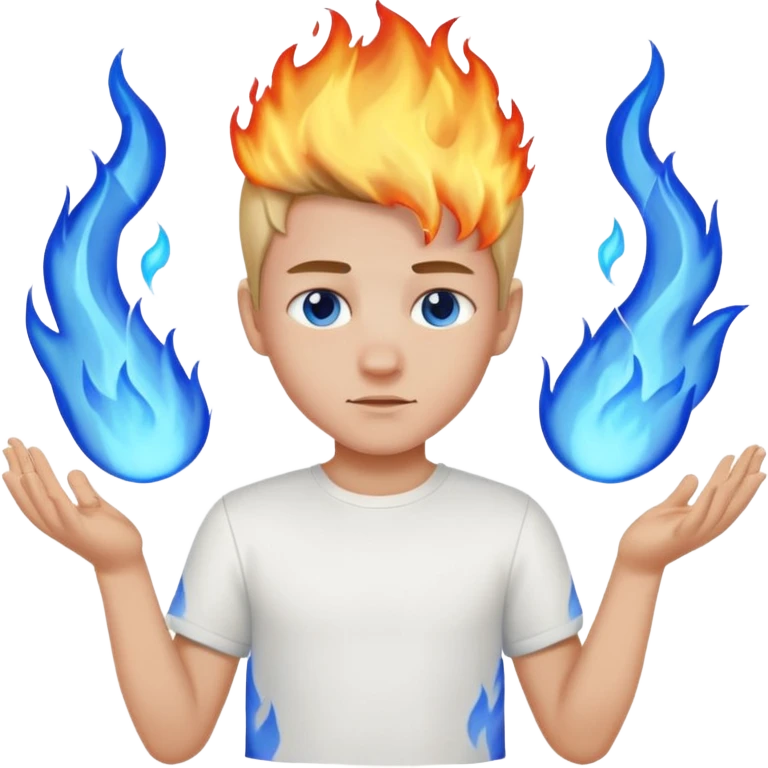 A boy with no hands fire instead made out of fire and blue fire on a white shirt that the boy is wearing  emoji