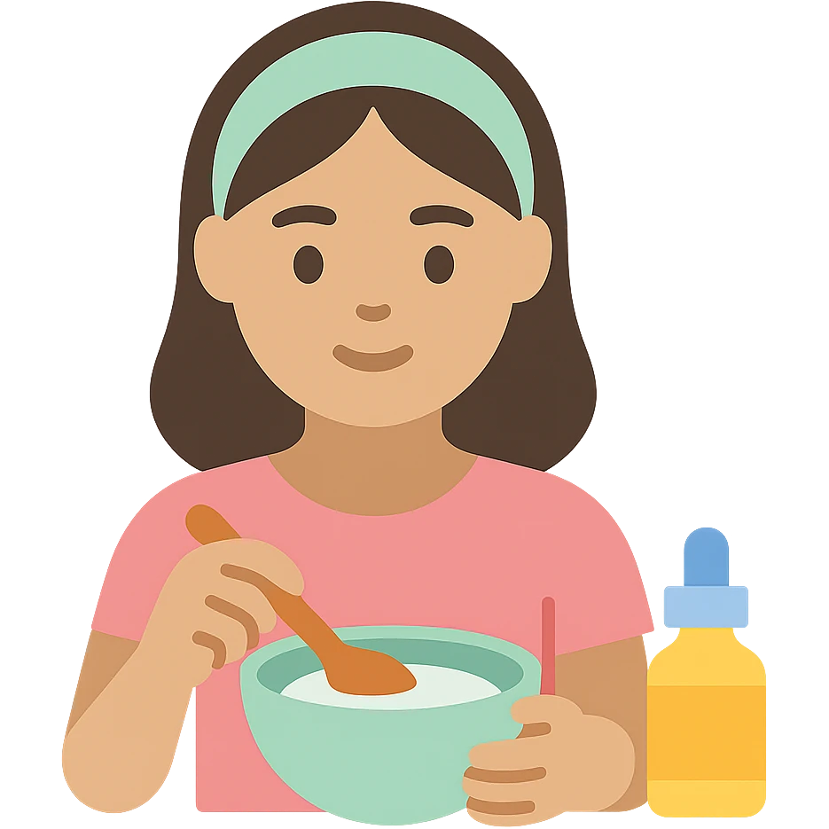 girl making skincare products, mixing ingredients in a bowl, color icon emoji