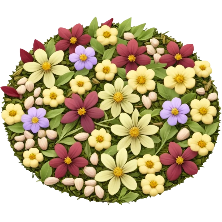 loose herbal tea blend with dried herbs and flowers, crumbled leaves and petals, soft greens, pale yellows, light purples, faded reds, 3D clean style, transparent background, optimized for emoji size emoji