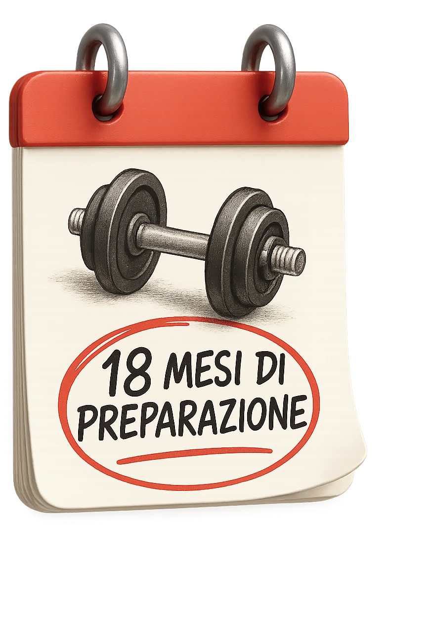 foglio di calendario con manubri da palestra disegnati e la scritta a penna "18 MESI DI PREPARAZIONE" CERCHIATA IN ROSSO, FALLO MOLTO REALISTICO IN 3D emoji