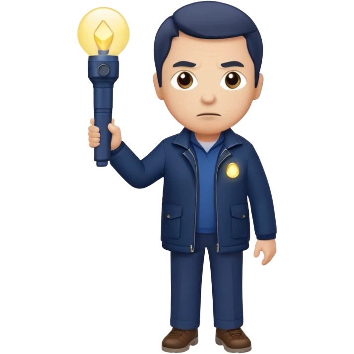Security, Middle-aged, wearing navy blue jacket, serious facial expression, holding flashlight, full body emoji