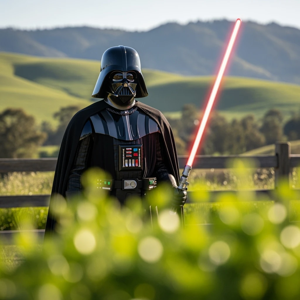 A portrait of a Darth vader in the foreground, blurred plants in the foreground (close to the camera), a wooden fence in the midground, rolling hills in the background, cinematic depth of field, layered composition, natural lighting emoji