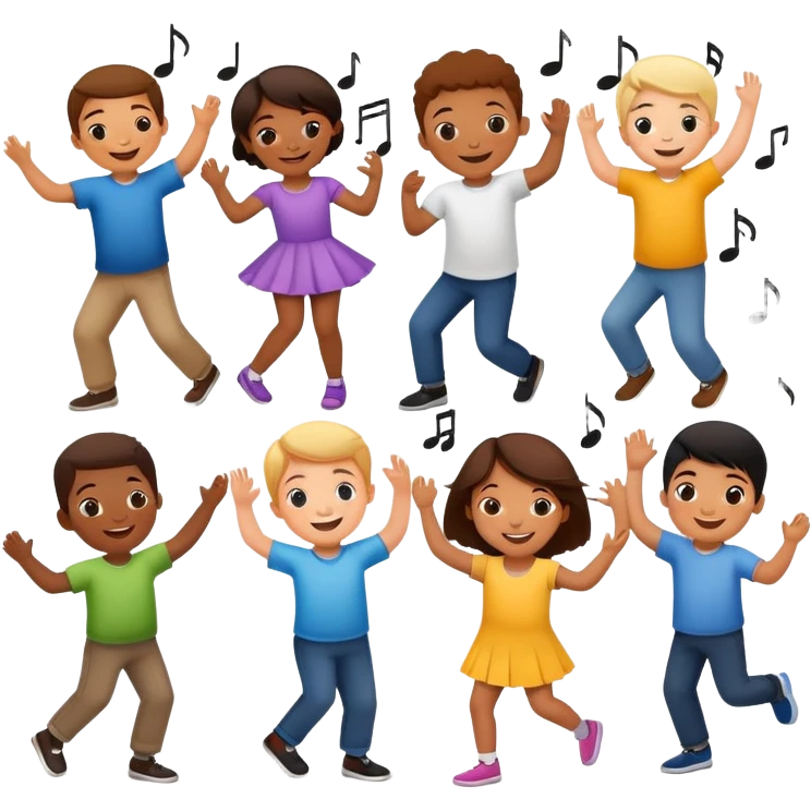 group of children dancing with music notes, fun and friendly emoji