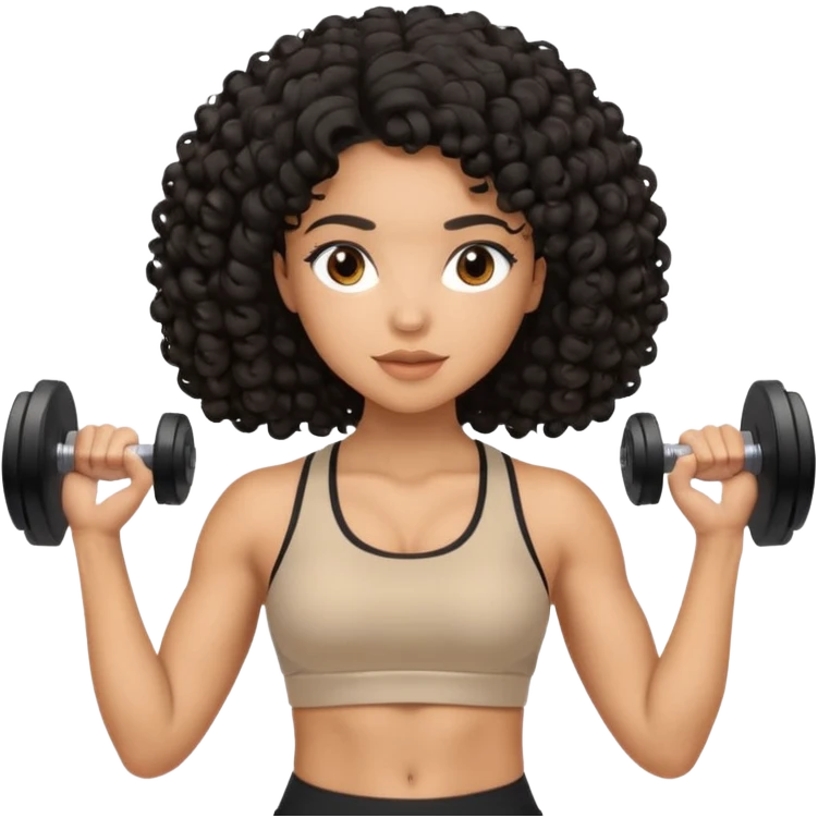 Mixed-race woman with caramel skin, black curly hair, wearing beige activewear, doing light dumbbell curls emoji