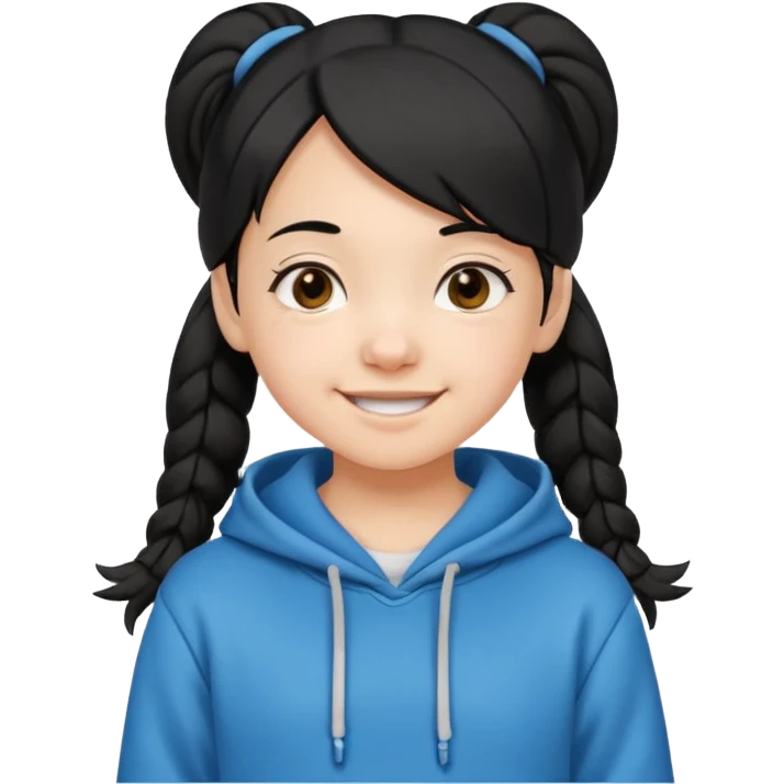 10 year old girl emoji, black hair in pigtails, wearing a hoodie, playful smile emoji