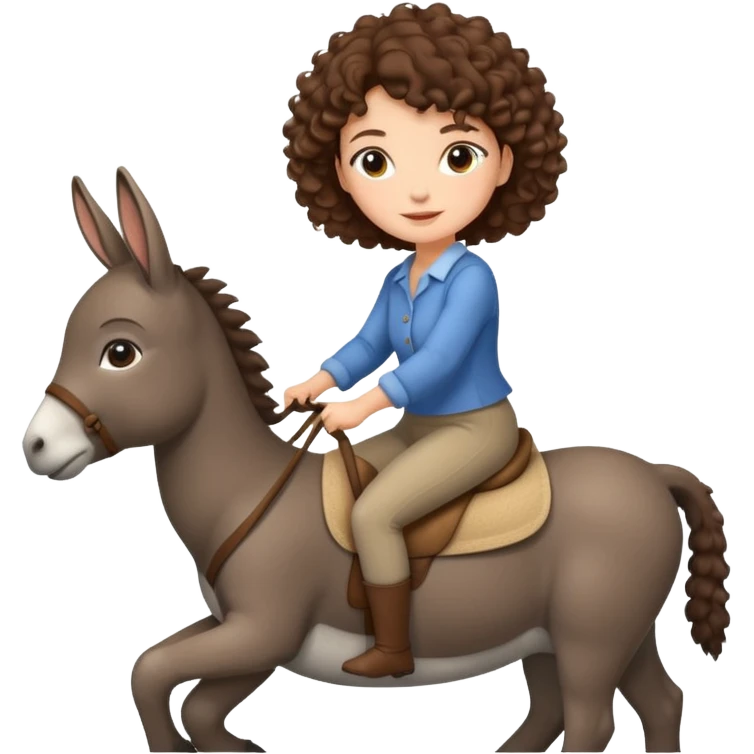 cute woman short tight curly brown hair riding an gentle donkey emoji